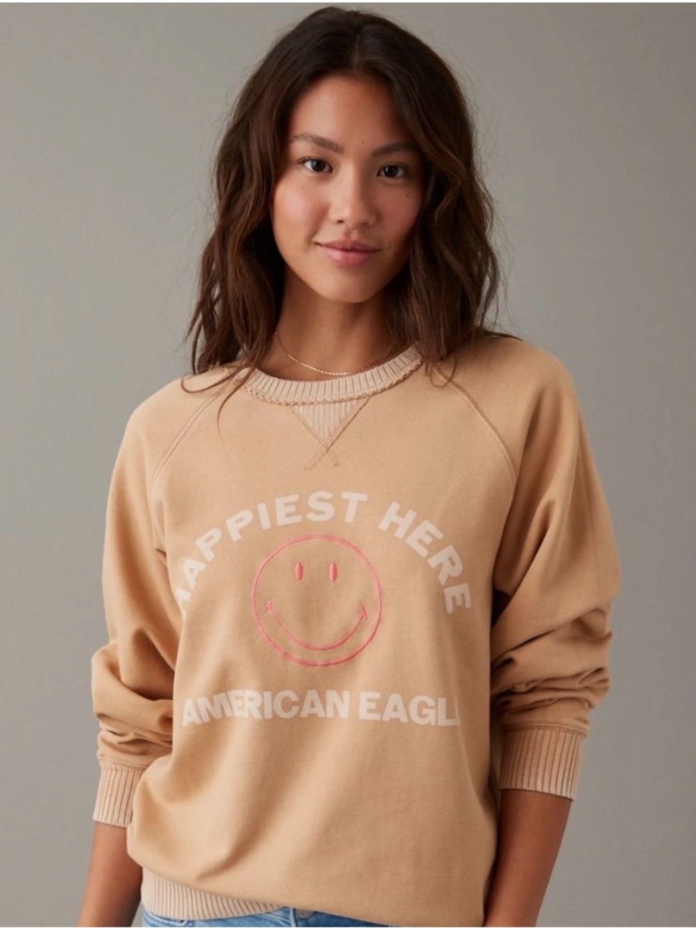 American Eagle Outfitters Beige 'Happiest Here' Smiley Sweatshirt